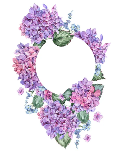 Summer Watercolor Vintage Floral Round Frame with Blooming Hydra — Stock Photo, Image