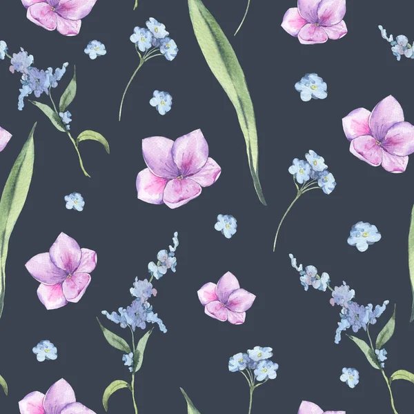 Watercolor vintage floral seamless pattern with pink and blue wi — Stock Photo, Image