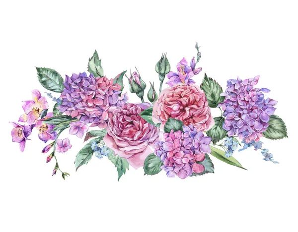 Buquê floral vintage aquarela de verão com hortênsia florescente — Fotografia de Stock