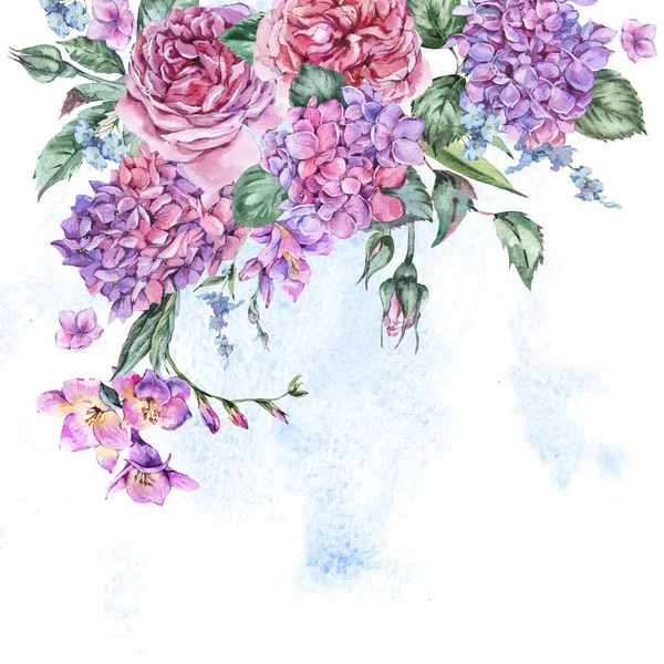 Acuarela de verano Ramo floral vintage con hortensias florecientes — Foto de Stock