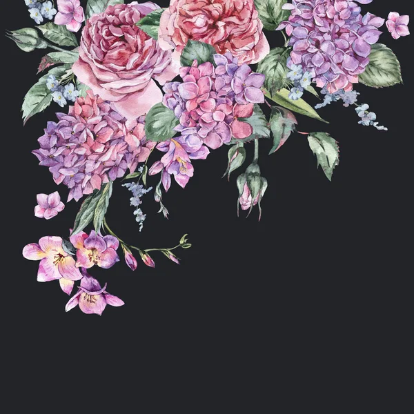 Vintage bukiet kwiatów letnich akwarela z kwitnienie Hortensja — Zdjęcie stockowe