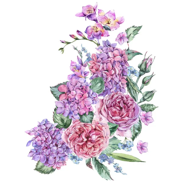 Letní akvarel Vintage květinový Buket s kvetoucí hortenzie — Stock fotografie