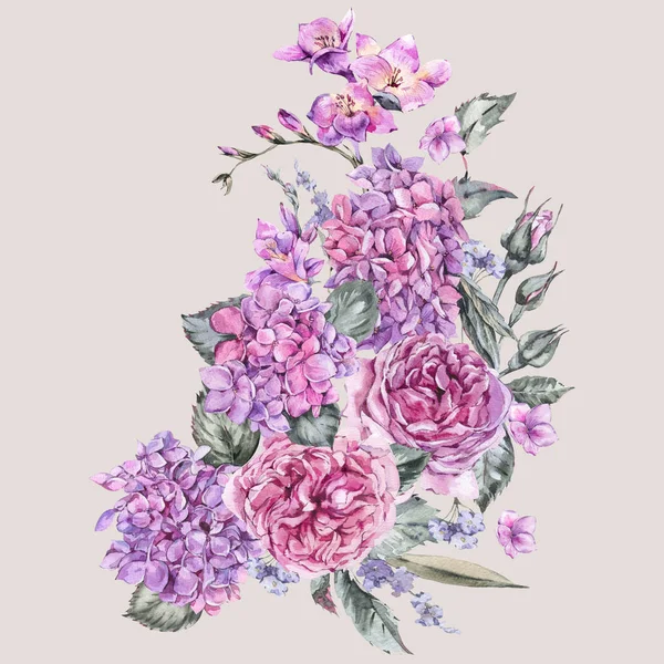 Buquê floral vintage aquarela de verão com hortênsia florescente — Fotografia de Stock