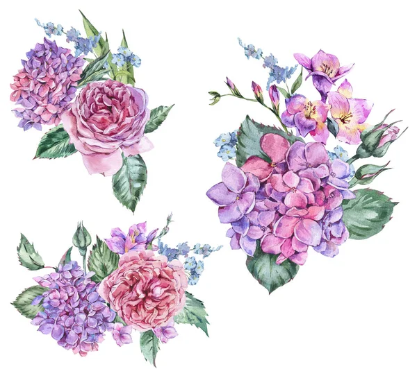 咲くアジサイと水彩のビンテージ花の花束のセット — ストック写真