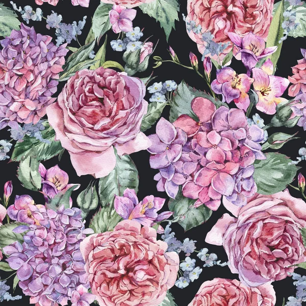 Nyári akvarell Vintage csokor virág, virágzó Hortenzia — Stock Fotó