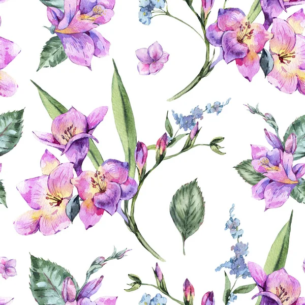 Watercolor Floral Seamless Pattern of Freesia and Garden Flowers — Stock Photo, Image