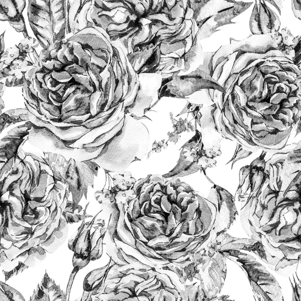 古典的な白黒水彩ヴィンテージ花柄シームレス パターン — ストック写真