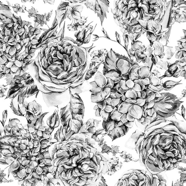 夏季水彩复古花花束与绽放的绣球花 — 图库照片