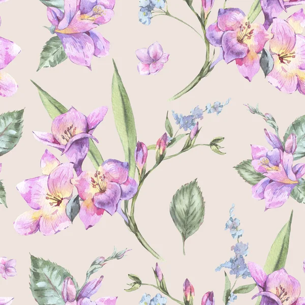 Watercolor Floral Seamless Pattern of Freesia and Garden Flowers — Stock Photo, Image