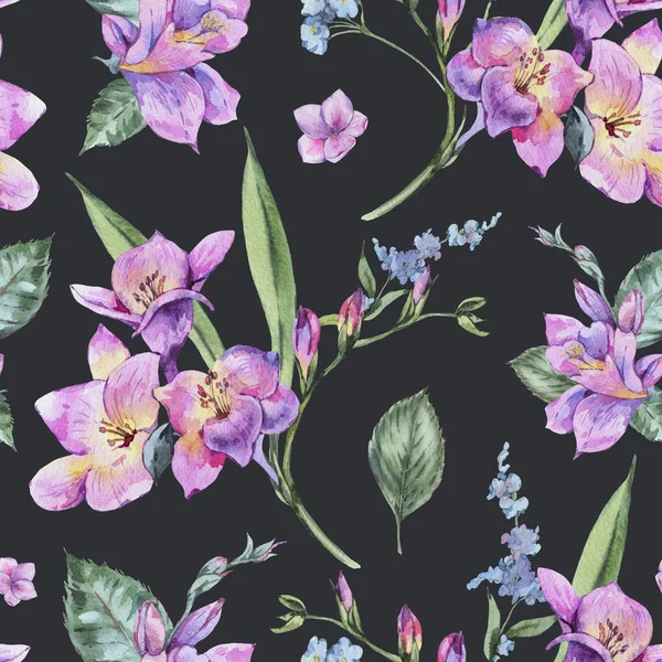 Sömlös akvarell blommönster av Freesia och trädgård blommor — Stockfoto