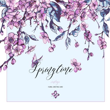 Suluboya bahar tebrik kartı vintage çiçek buket pembe