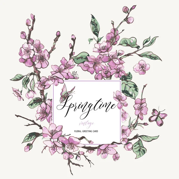 Aquarell Frühling Grußkarte Vintage Blumenstrauß mit rosa — Stockvektor