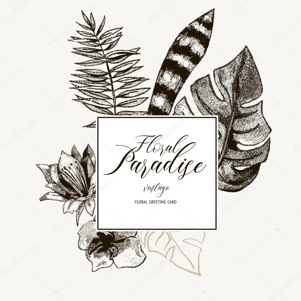 Exotic natural vintage vector black and white tropical leaves