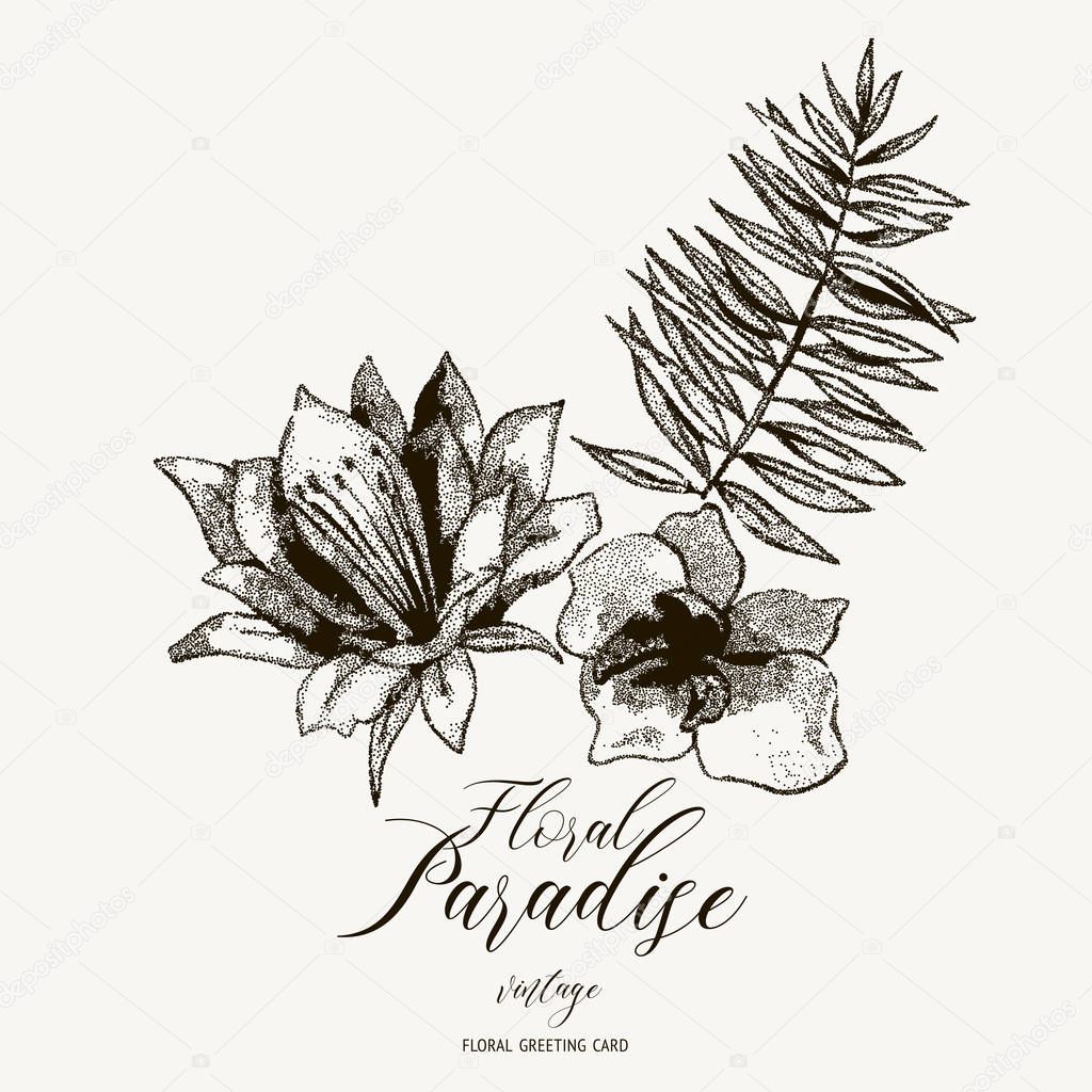 Exotic natural vintage vector black and white tropical leaves