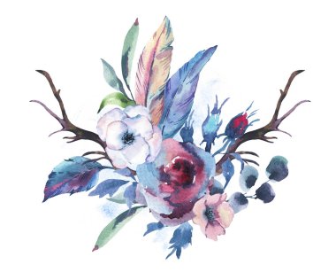 Gül, anemon, tüy, Vintage suluboya buket boynuzları bir