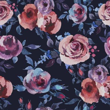 Gül, anemon, tüy, Vintage suluboya Seamless Modeli