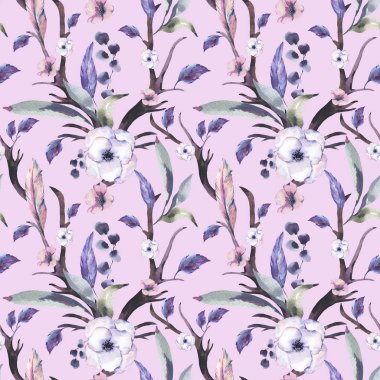 Vintage sulu boya Dikişsiz desen anemon, tüy, boynuz