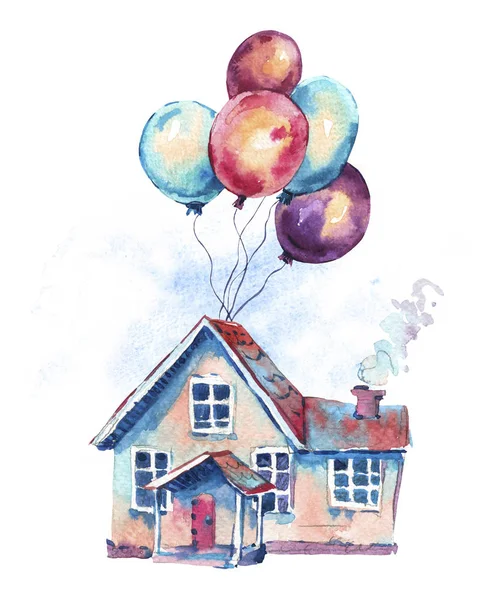 Watercolor fantasy house and colorful air balloons