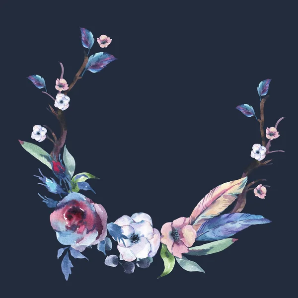 Akwarela wieniec z róż, zawilce, pióra, rogi — Zdjęcie stockowe
