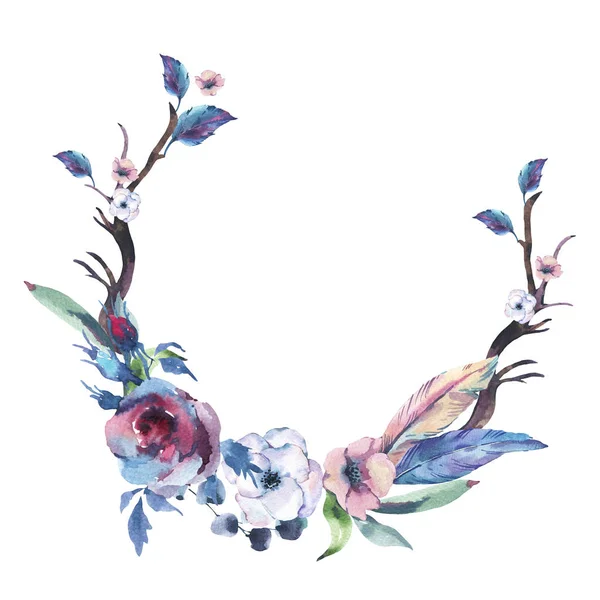 Vintage Watercolor Wreath of Rose, Anemones, Feathers, Horns an — Stok Foto