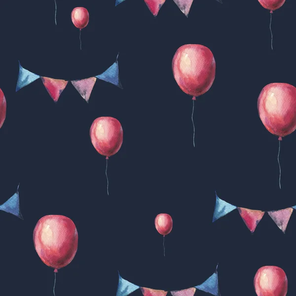 Watercolor Red Air Balloons and Party Garlands Seamless Pattern. — Stock Photo, Image