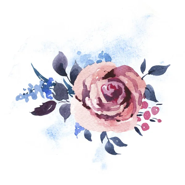 复古水彩玫瑰, 野花和浆果 — 图库照片