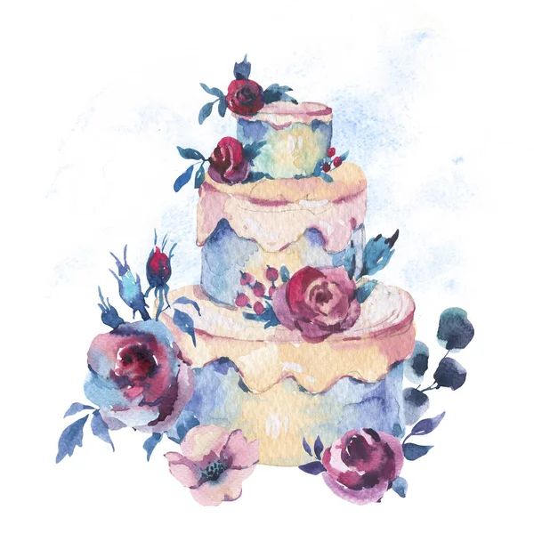 Akwarela Fantasy Wedding Cake z czerwonych róż. Ręcznie rysowane Baker — Zdjęcie stockowe