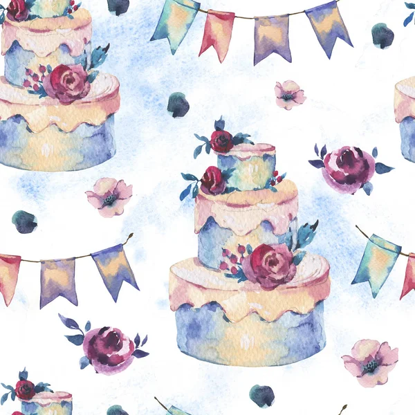Watercolor Fantasy Seamless Pattern with Wedding Cake, Red Roses — Stock Photo, Image