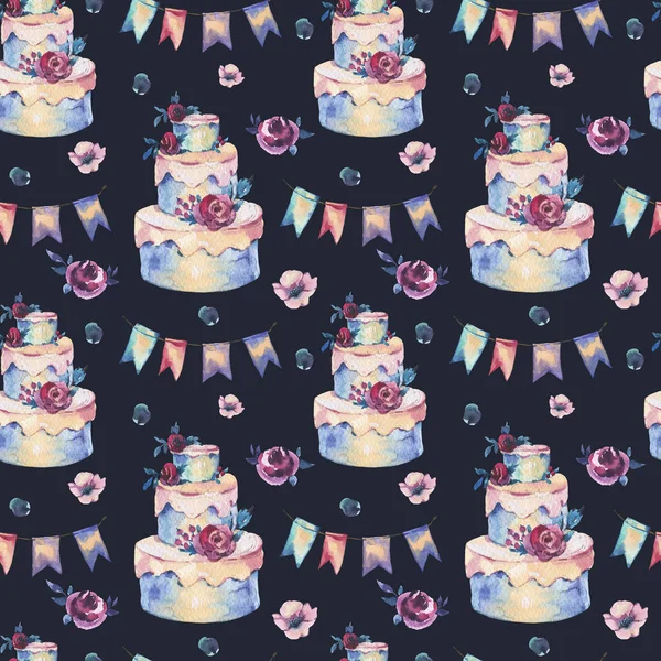 Watercolor Fantasy Seamless Pattern with Wedding Cake, Red Roses