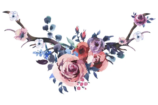 Vintage akvarell bukett av rosor, horn och blommor — Stockfoto