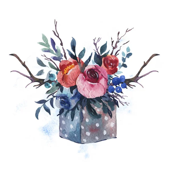 Aquarell handbemalte Holzkiste mit Blumen, roten Rosen, — Stockfoto