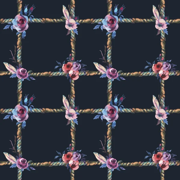 Watercolor floral rustic rope seamless pattern on black backgrou — Stock Photo, Image