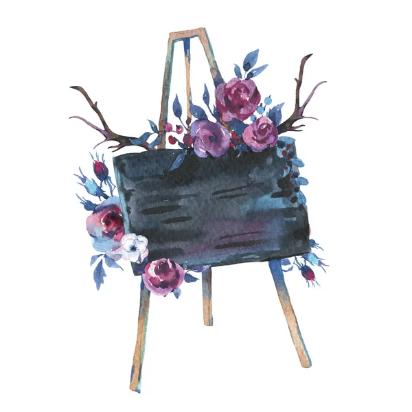 Acquerello disegnato a mano rustico Easel con bordo di gesso e fiori — Foto Stock