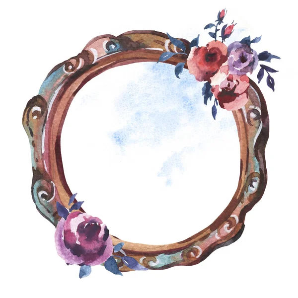 Watercolor Antique Wooden Frame with Flowers, Hand Painted Vinta — Stock Photo, Image
