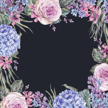 Güller, Lila, mavi h ile suluboya Vintage çiçek illüstrasyon