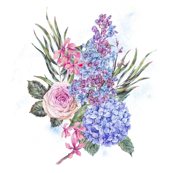 Watercolor vintage floral illustration with roses, lilac, blue h — Stock Photo, Image