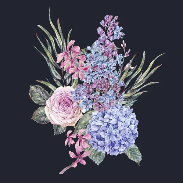 Aquarelle vintage illustration florale avec des roses, lilas, bleu h — Photo