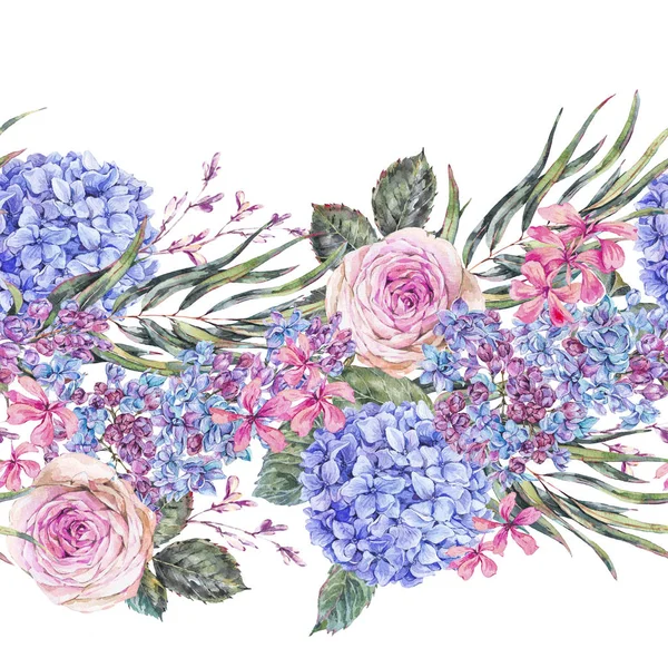 Акварель вінтажний квітковий безшовний бордюр з трояндами, бузковий, синій — стокове фото
