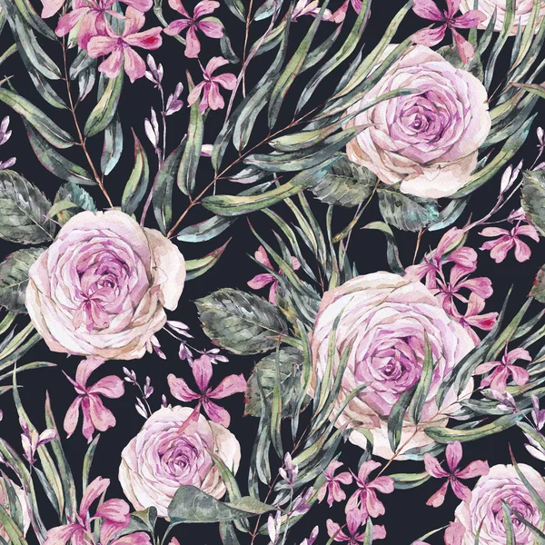 Pembe güller ve w ile suluboya Vintage çiçek Dikişsiz desen — Stok fotoğraf