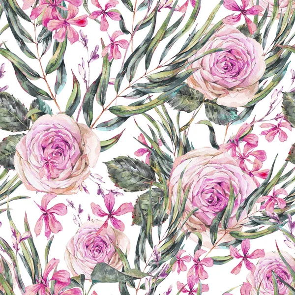 Patrón sin costura floral vintage acuarela con rosas rosadas y w —  Fotos de Stock
