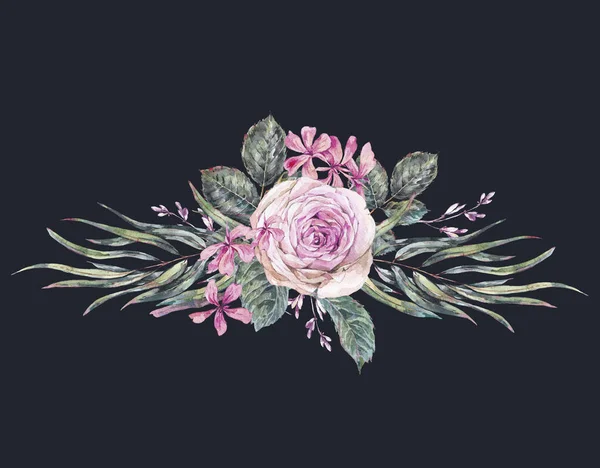 Акварель винтажная цветочная открытка с розовыми розами и дикими — стоковое фото