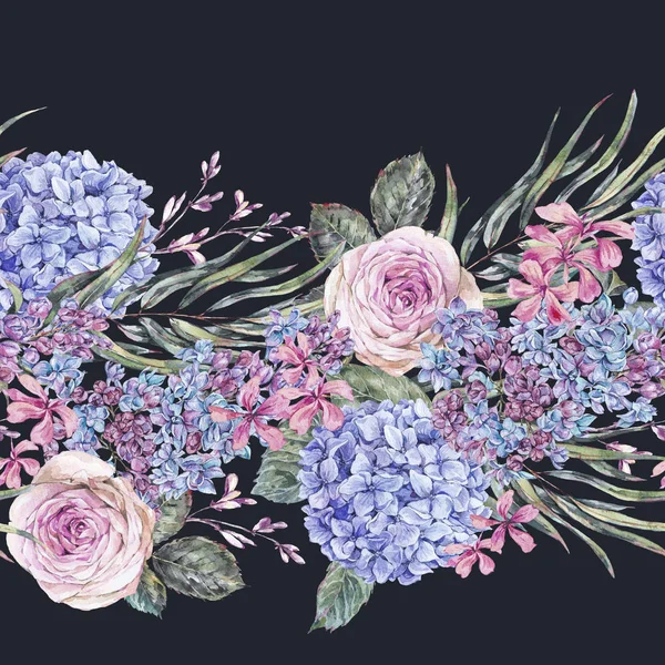 Vannfarget, blomstersømløs grenselinje med roser, syriner, blu – stockfoto