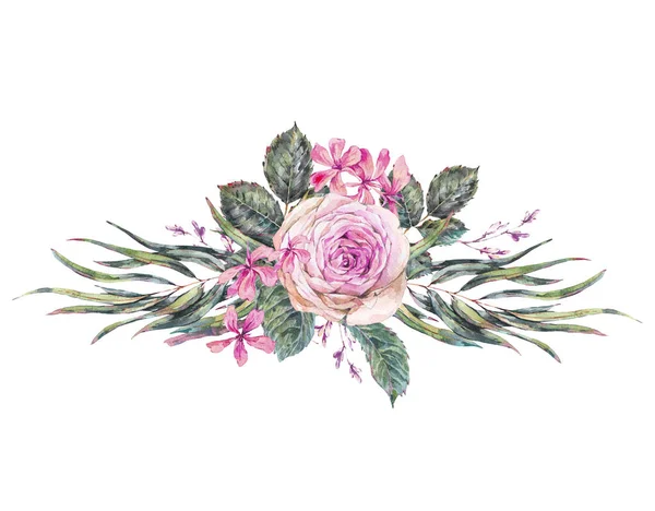 Aquarell Vintage florale Grußkarte mit rosa Rosen und wilden — Stockfoto