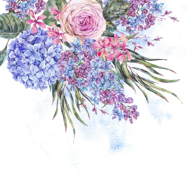 Watercolor vintage floral illustration with roses, lilac, blue h — Stock Photo, Image