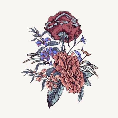 Gül ve yaban çiçekleri tebrik kartı ile vektör Vintage.