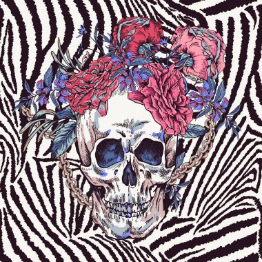 Vektör kafatası güller, zincirler ve yaban çiçekleri ölü gün