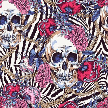 Vektör kafatası güller, zincirler ve vahşi çiçekler Dikişsiz desen