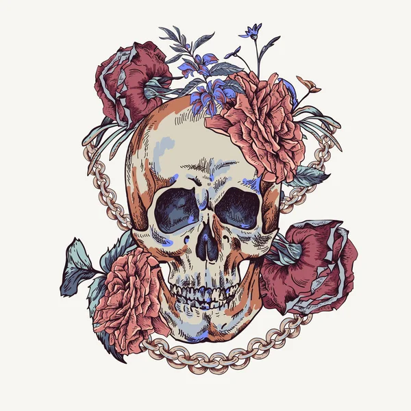 Vector Skull with roses, chains and wildflowers Day of The Dead — Stock Vector