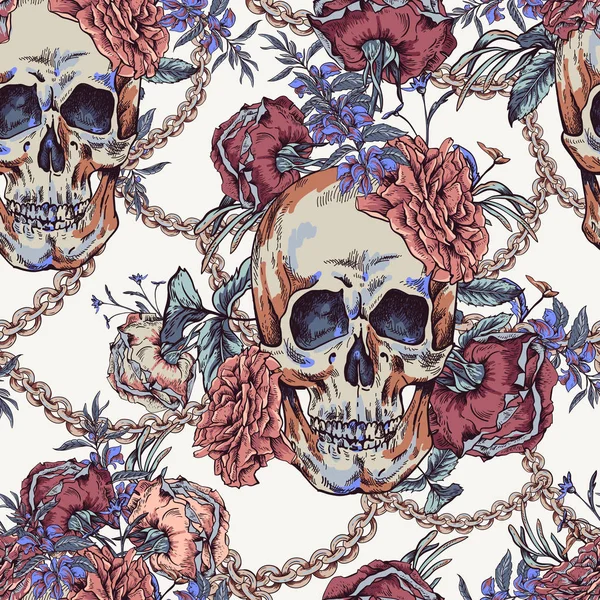 Vector schedel met rozen, kettingen en wilde bloemen naadloze patroon — Stockvector