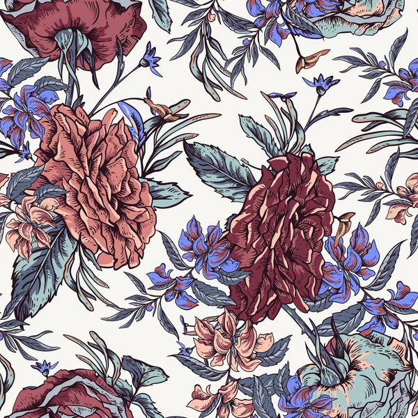 Vecteur vintage roses et fleurs sauvages motif sans couture . — Image vectorielle